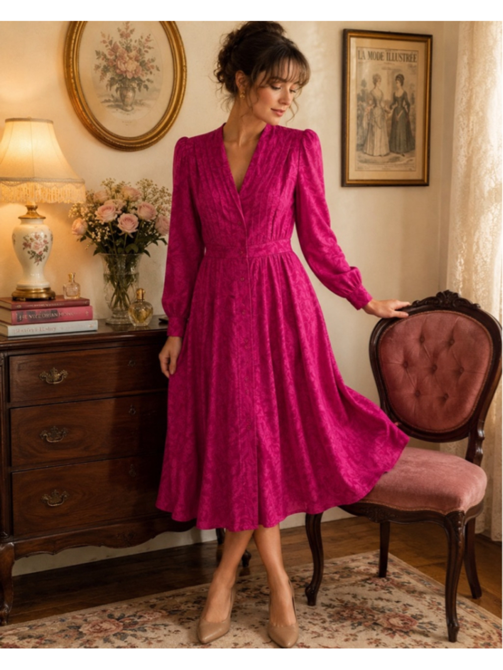Argenti Boutique 100% Silk Fuchsia Jacquard Midi Dress Vintage Size 14